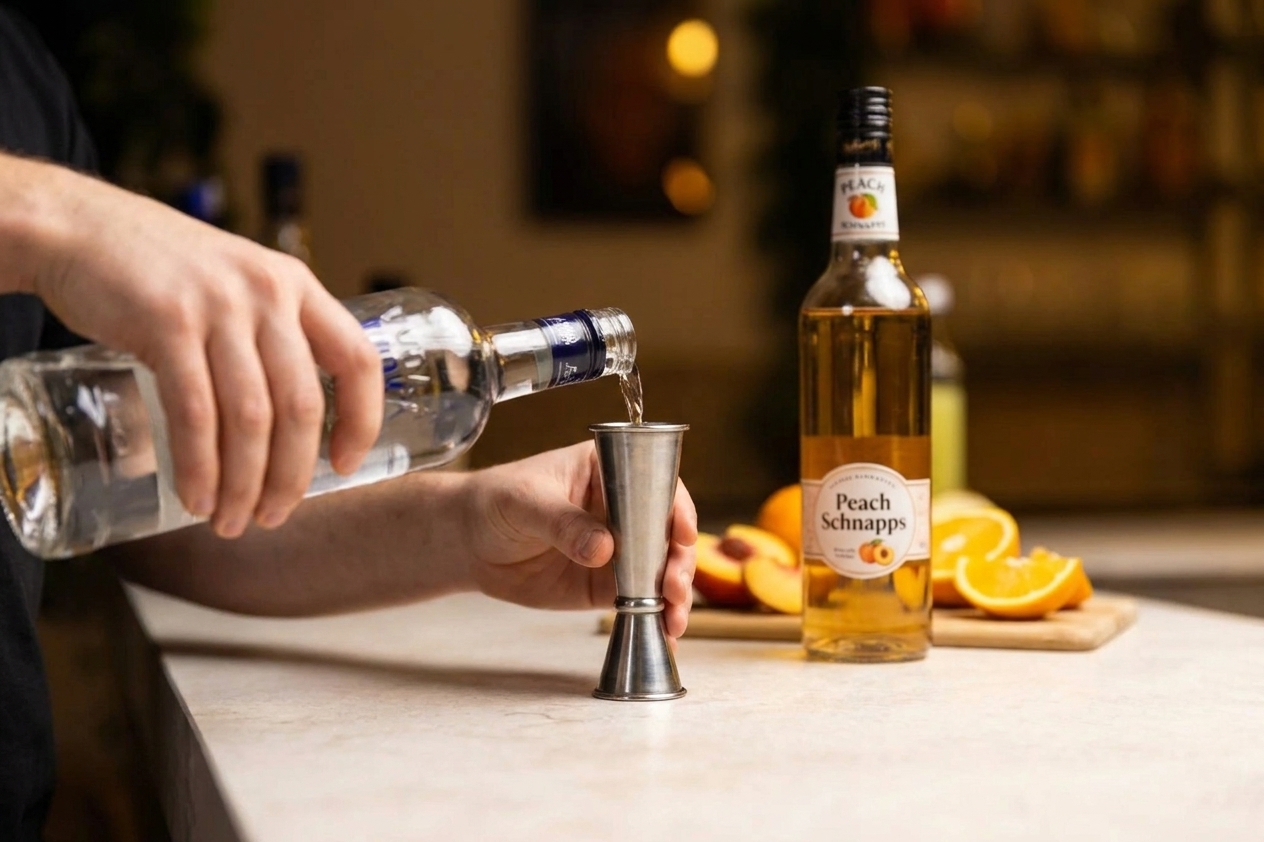 A jigger being filled with vodka next to a bottle of peach schnapps on a tidy kitchen counter.