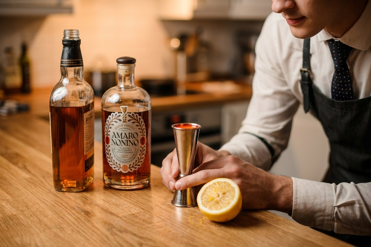 A jigger filled with Aperol next to bourbon, Amaro Nonino, and a cut lemon on a kitchen counter