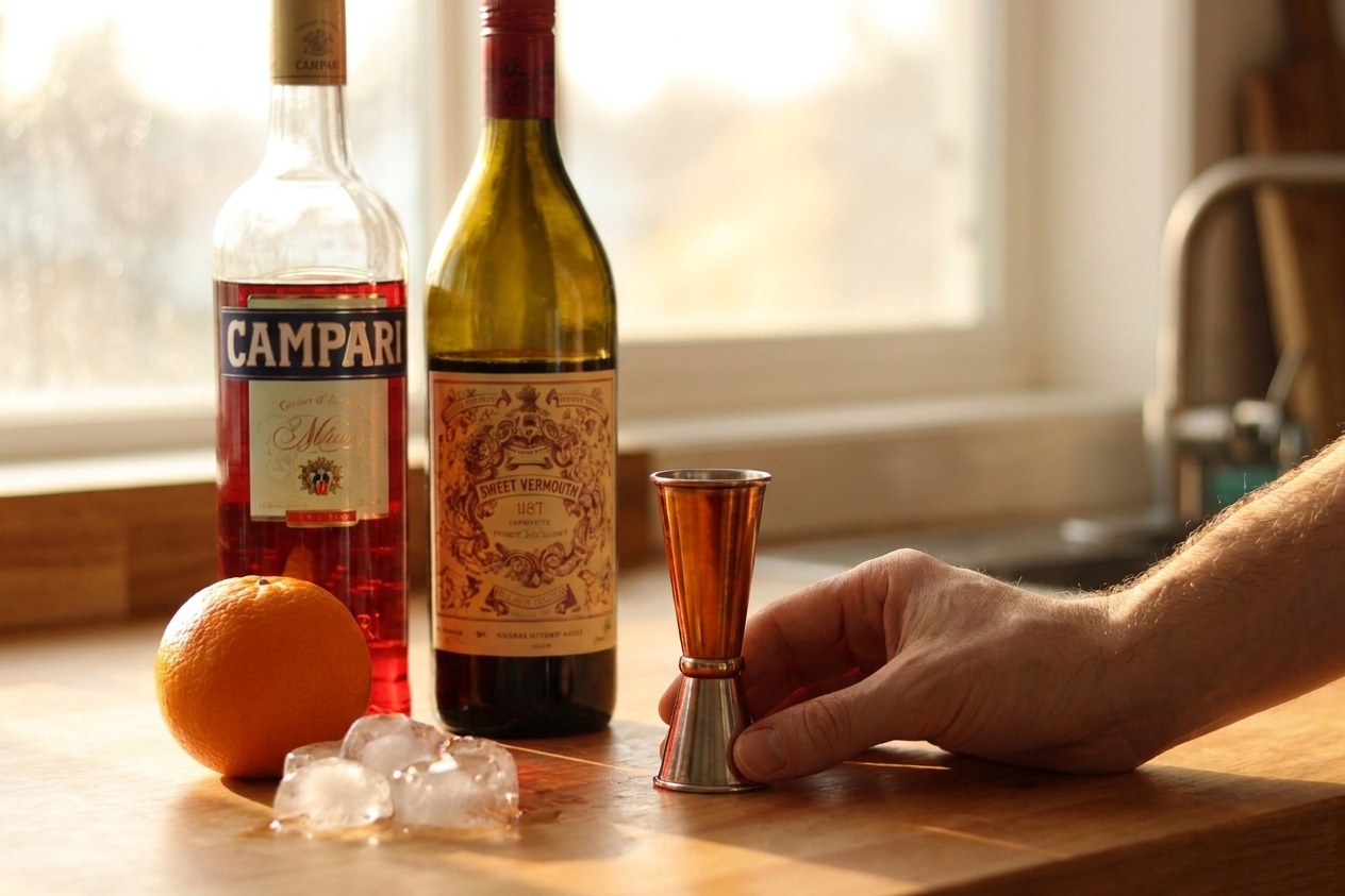 A jigger filled with bourbon next to Campari and sweet vermouth on a kitchen counter with ice and an orange nearby