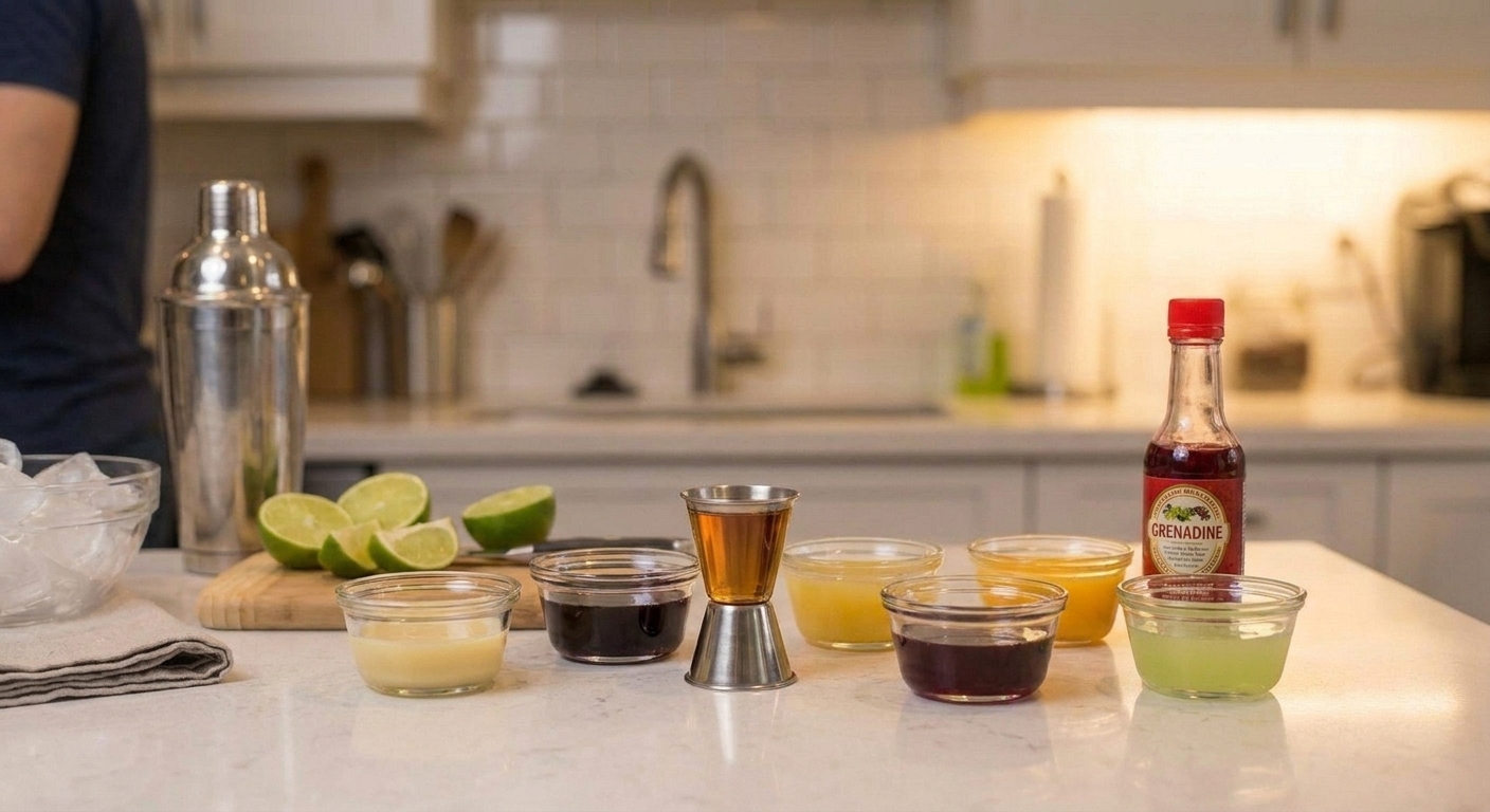 A jigger filled with rum beside small measured portions of banana liqueur, blackberry liqueur, pineapple juice, orange juice, lime juice, and a small bottle of grenadine on a kitchen counter