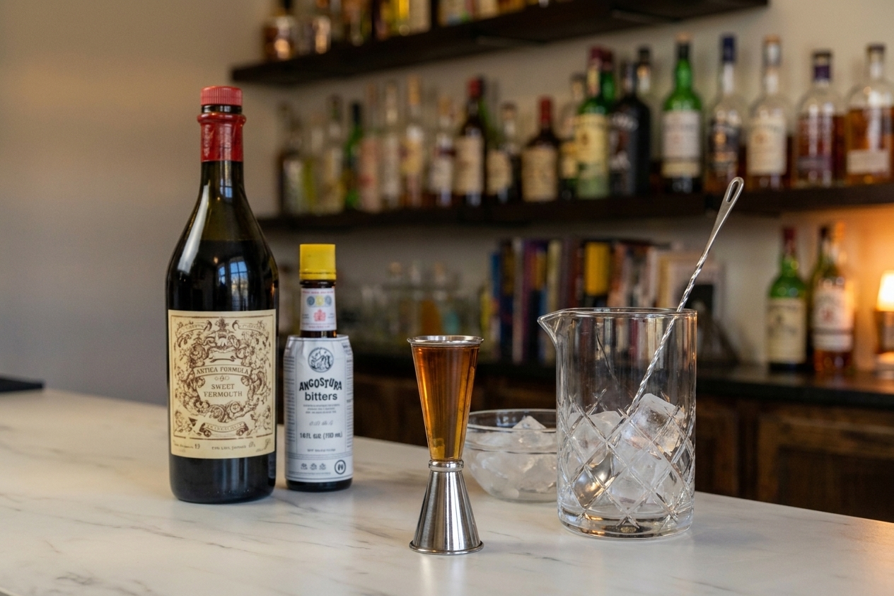 A jigger filled with rye whiskey beside measured sweet vermouth and bitters on a kitchen counter with a mixing glass and ice nearby