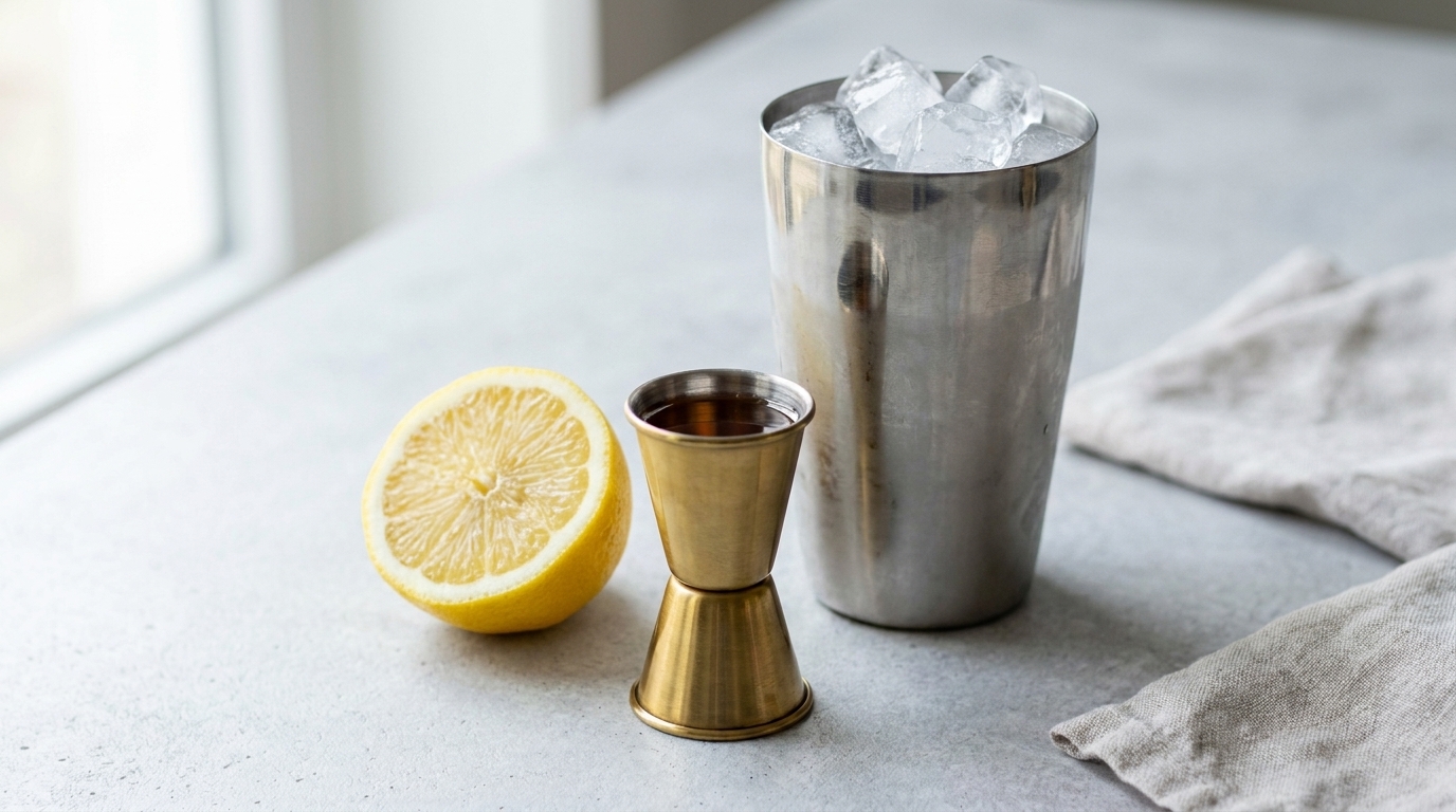 A jigger measuring gin and liqueurs beside a halved lemon and an ice-filled shaker tin on a kitchen counter