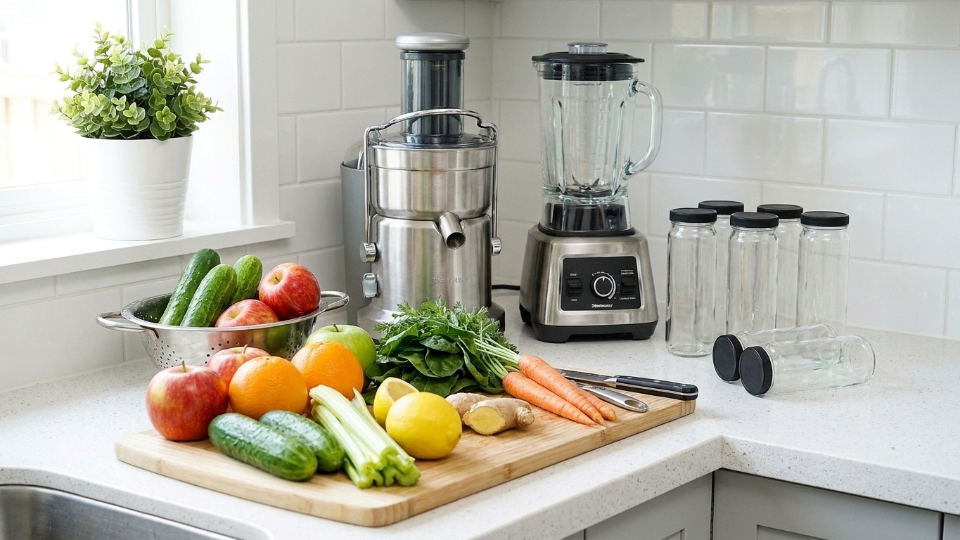 A juicer and a blender on a home kitchen counter next to clean produce and empty glass bottles, bright natural light