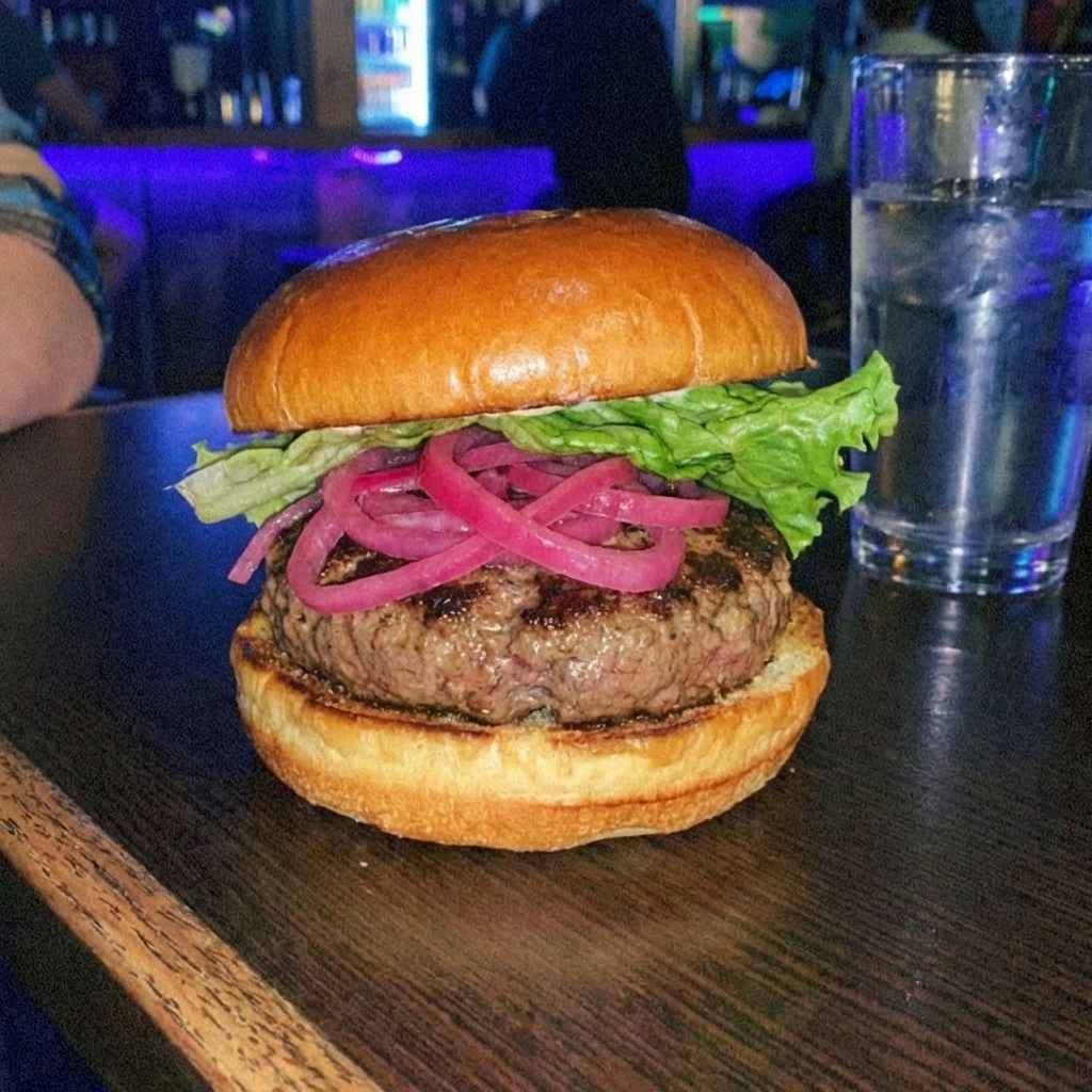A juicy burger with pickled red onions and lettuce on a bun