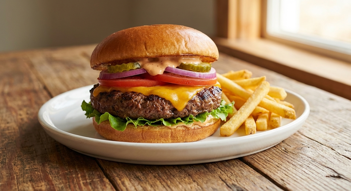 A juicy cheeseburger on a plate