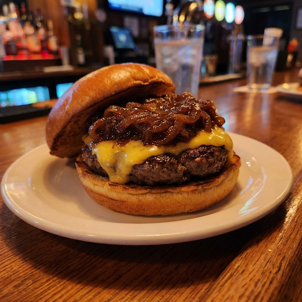 A juicy cheeseburger on a toasted bun topped with a pile of caramelized onions on a plate