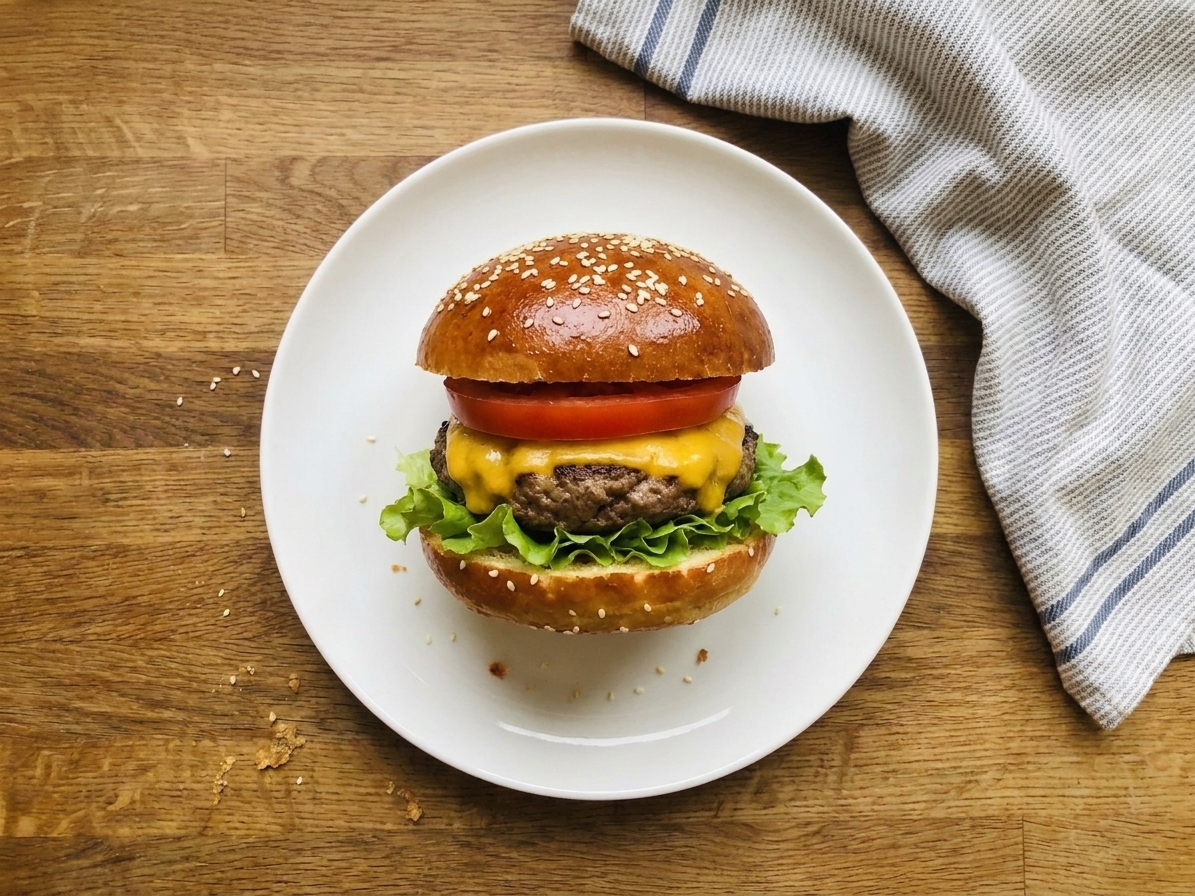 A juicy cheeseburger served on a sliced homemade hamburger roll with crisp lettuce and tomato on a simple plate at a wooden table
