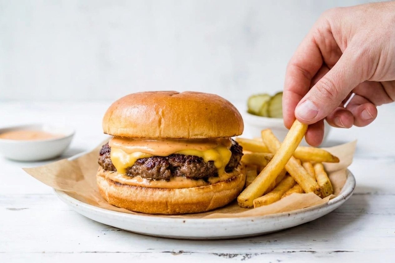 A juicy smashburger on a toasted bun with melted cheese and a generous swipe of creamy burger sauce, served on a parchment-lined plate beside fries