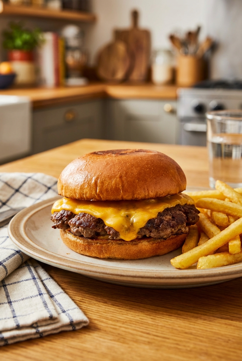 A juicy smashed burger with melted cheese on a toasted bun on a plate