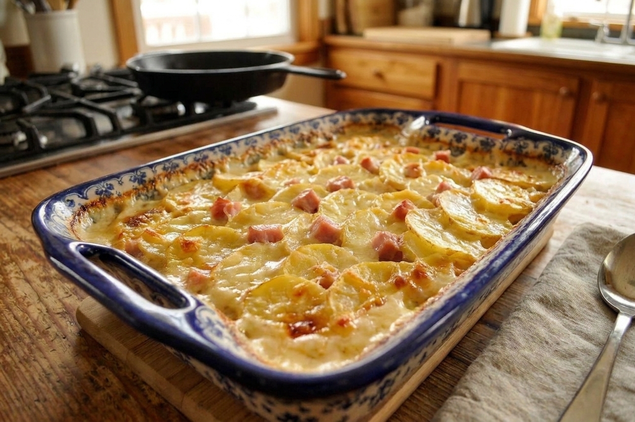 A just-baked scalloped potatoes with ham casserole with a golden top and bubbling creamy edges in a baking dish on a stove