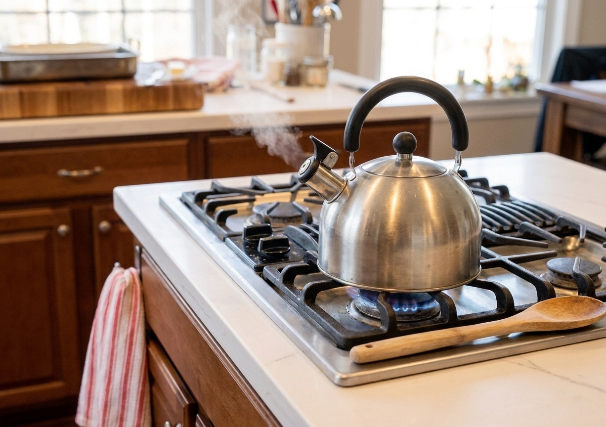 A kettle of hot water on a stove ready to pour for a water bath
