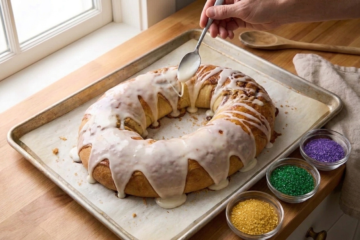 A king cake being spoon-glazed with vanilla icing while purple, green, and gold sanding sugar sits ready on the counter