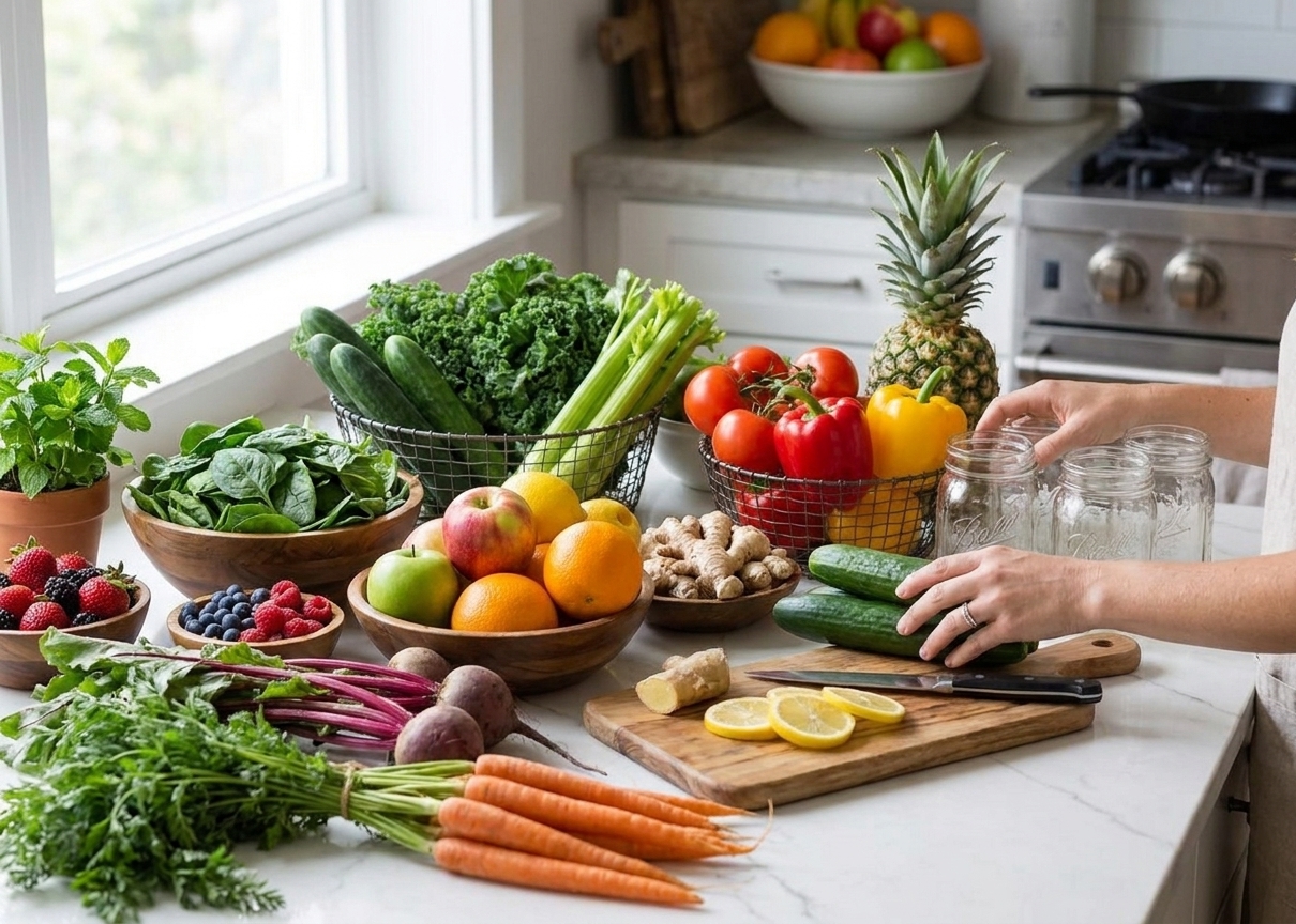 A kitchen counter covered with fresh produce including spinach, cucumbers, celery, apples, oranges, lemons, ginger, beets, carrots, tomatoes, bell pepper, pineapple, mint, and berries