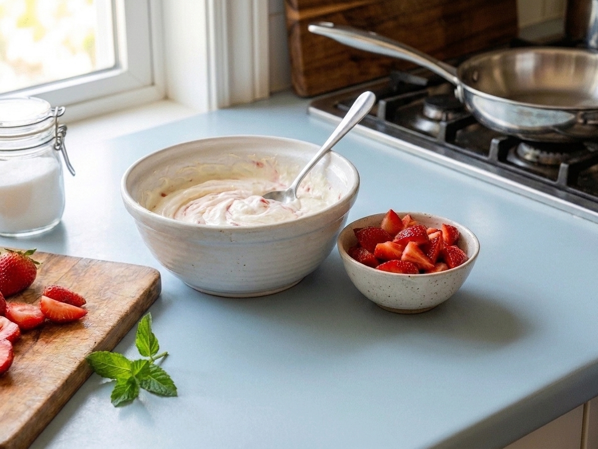 A kitchen counter scene with a bowl of sliced strawberries, a bowl of crema mixture, and a spoon ready for assembling