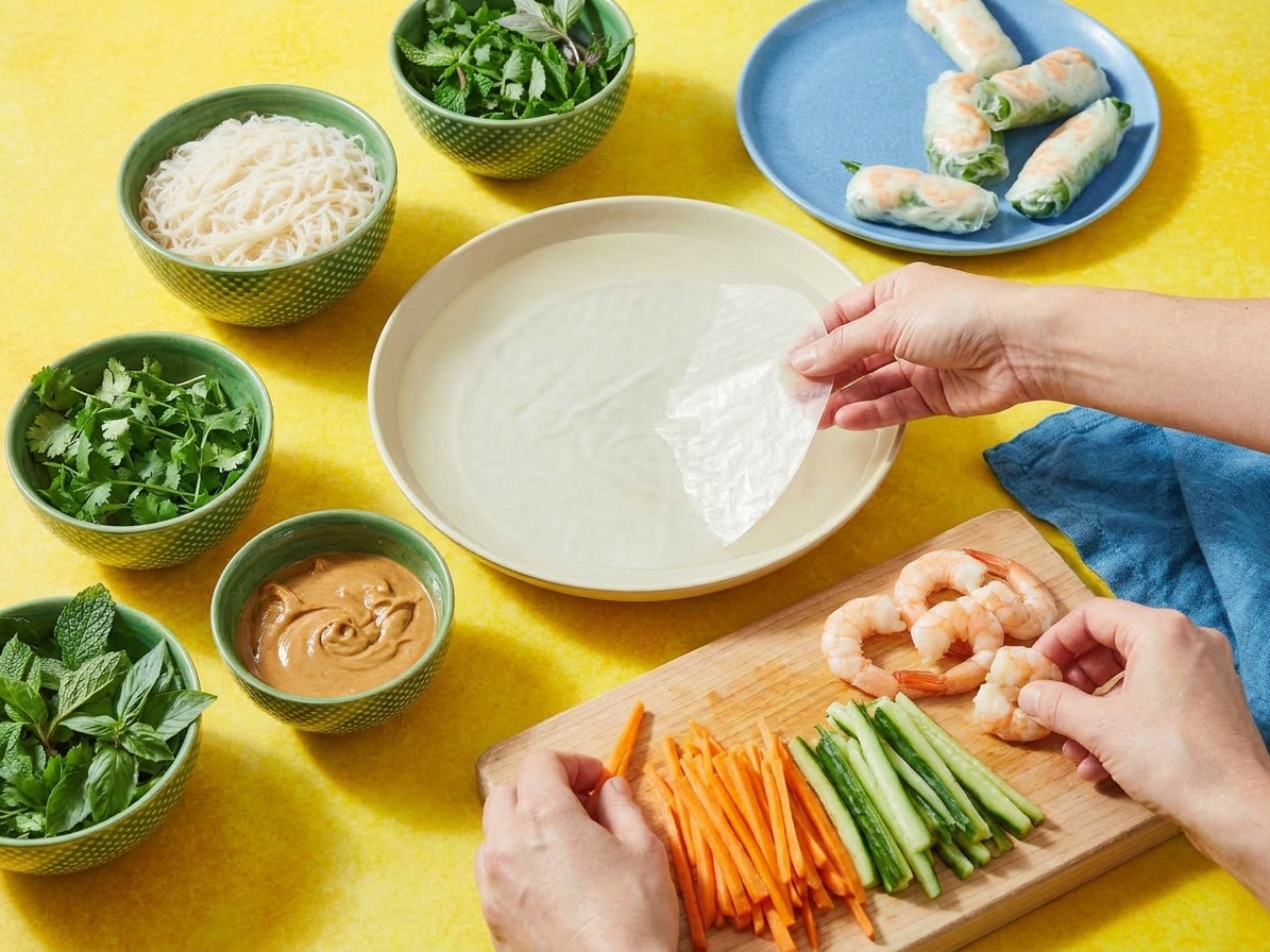 A kitchen counter set up for rolling spring rolls with warm water dish, rice paper, herbs, shrimp, noodles, and vegetables arranged in bowls