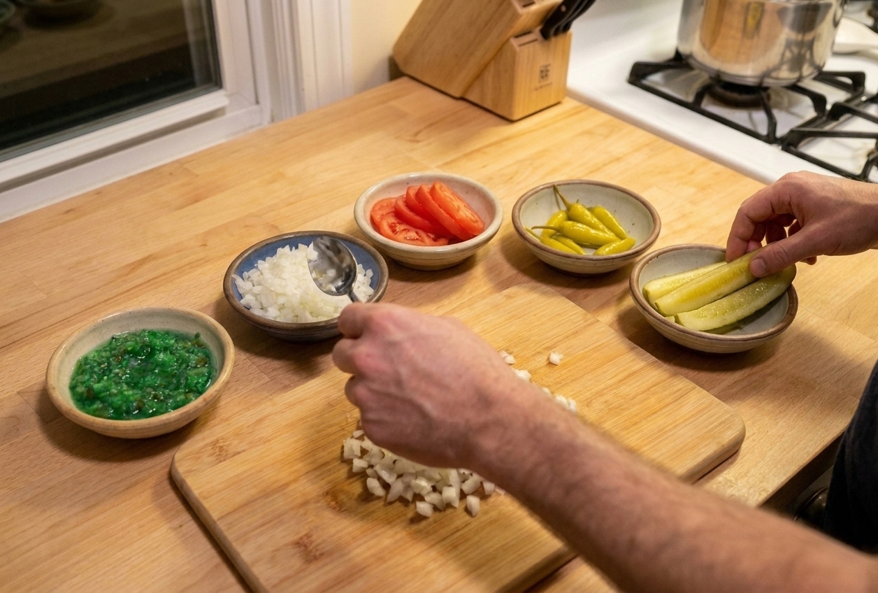 A kitchen counter set up like a topping station with bowls of relish, chopped onion, tomato wedges, sport peppers, and pickle spears