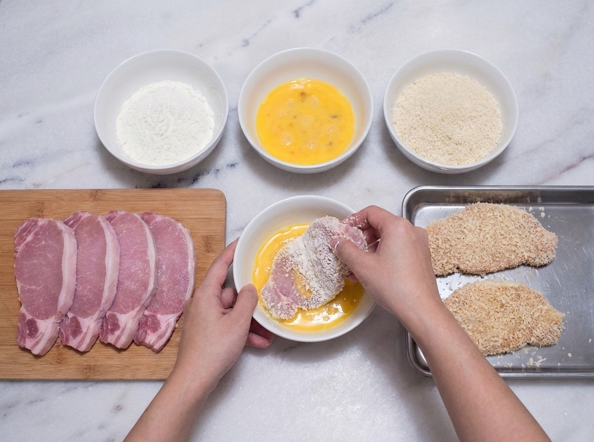 A kitchen counter set up with a breading station: shallow bowls of flour, beaten eggs, and panko breadcrumbs beside raw pounded pork cutlets and a tray for finished breaded cutlets