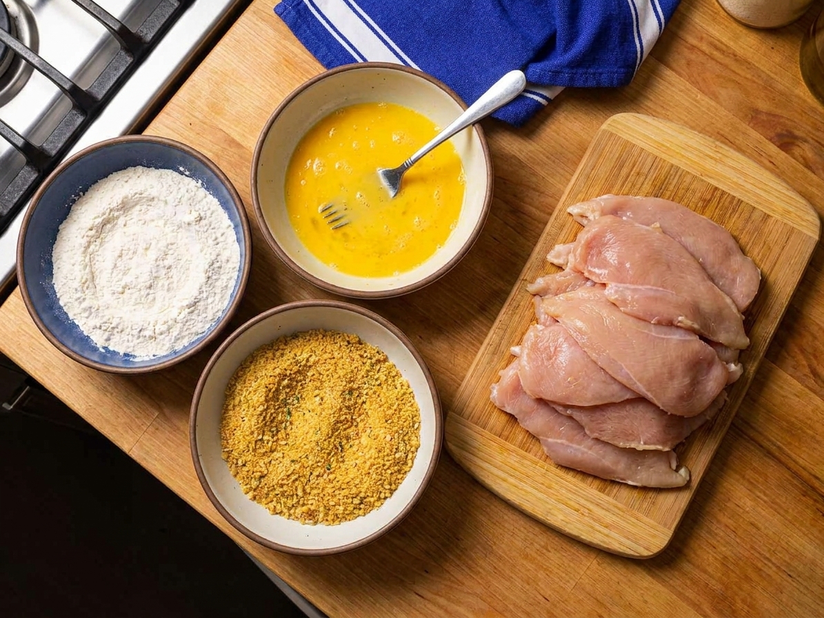 A kitchen counter set up with bowls of flour, beaten eggs, and seasoned breadcrumbs next to thin chicken cutlets on a cutting board
