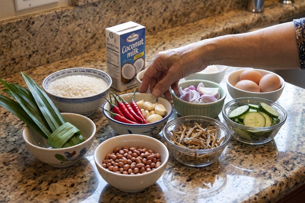 A kitchen counter set up with coconut milk, jasmine rice, pandan leaves, sambal ingredients, peanuts, dried anchovies, cucumbers, and eggs arranged in small bowls