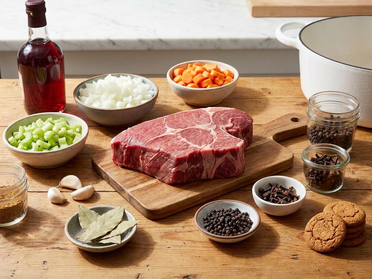 A kitchen counter set with a chuck roast, red wine vinegar, onions, carrots, celery, garlic, bay leaves, peppercorns, cloves, and gingersnap cookies arranged in small bowls under warm light