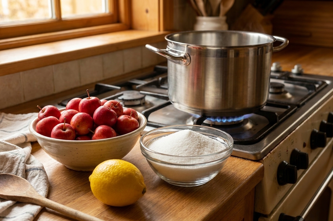 A kitchen counter setup with a bowl of crab apples, a bowl of sugar, a lemon, and a pot ready on the stove, warm home kitchen lighting