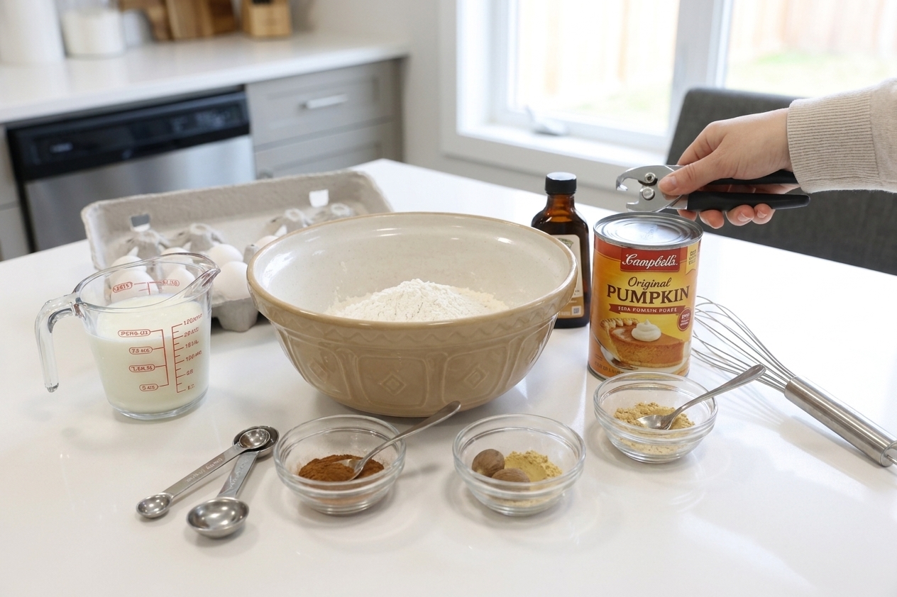 A kitchen counter setup with a can of pumpkin purée, bowls of flour and spices, eggs, buttermilk, and a bottle of vanilla ready for waffle batter