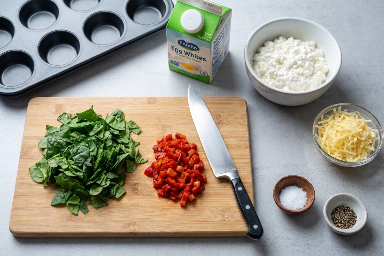 A kitchen counter setup with a carton of egg whites, a bowl of cottage cheese, fresh spinach, diced roasted red peppers, shredded cheddar, and small bowls of salt and pepper