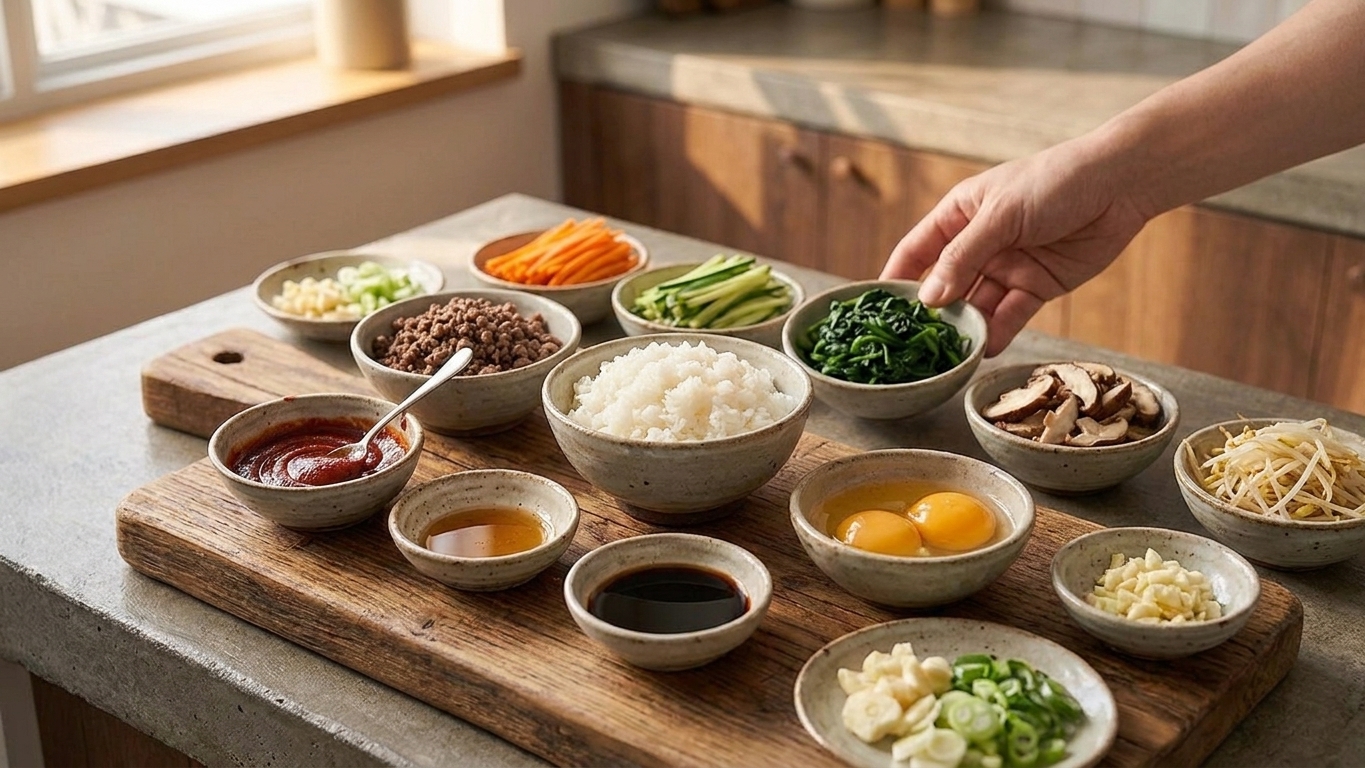 A kitchen counter setup with bibimbap ingredients including cooked rice, gochujang, sesame oil, soy sauce, ground beef, carrots, zucchini, spinach, mushrooms, eggs, garlic, and scallions in small bowls
