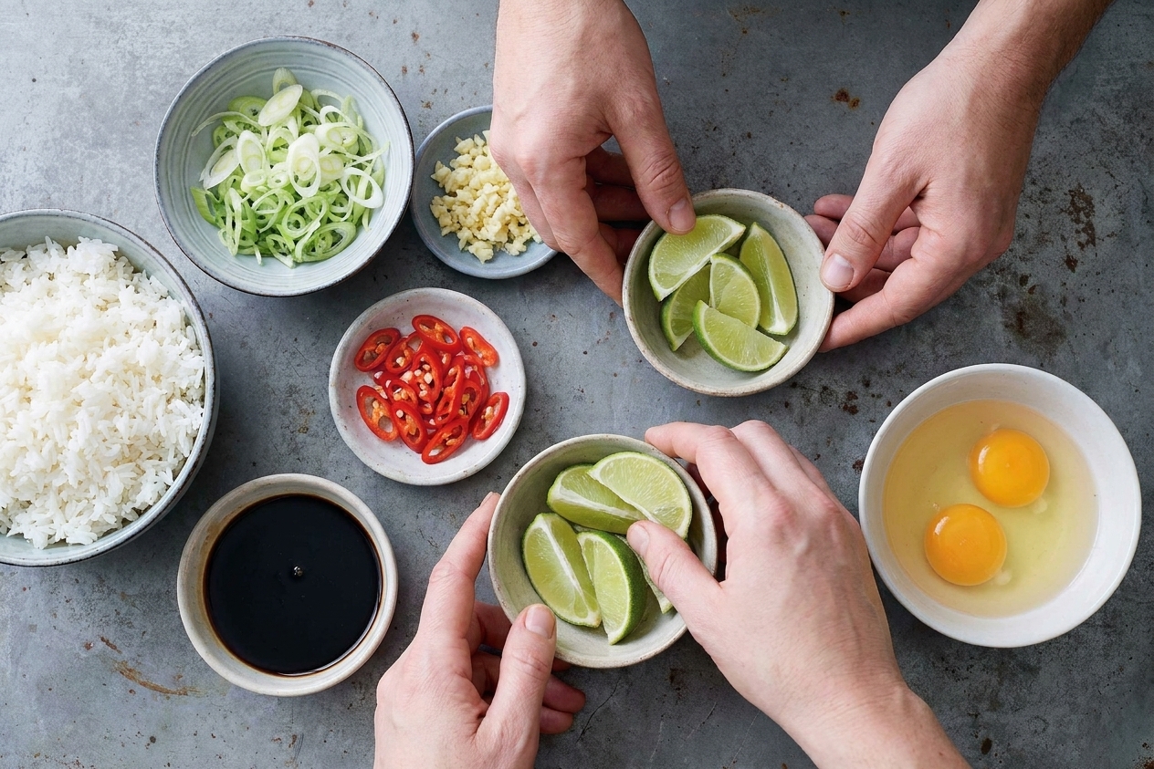 A kitchen counter setup with bowls of cold cooked rice, sliced scallions, minced garlic, sliced red chile, kecap manis, soy sauce, eggs, and lime ready for nasi goreng