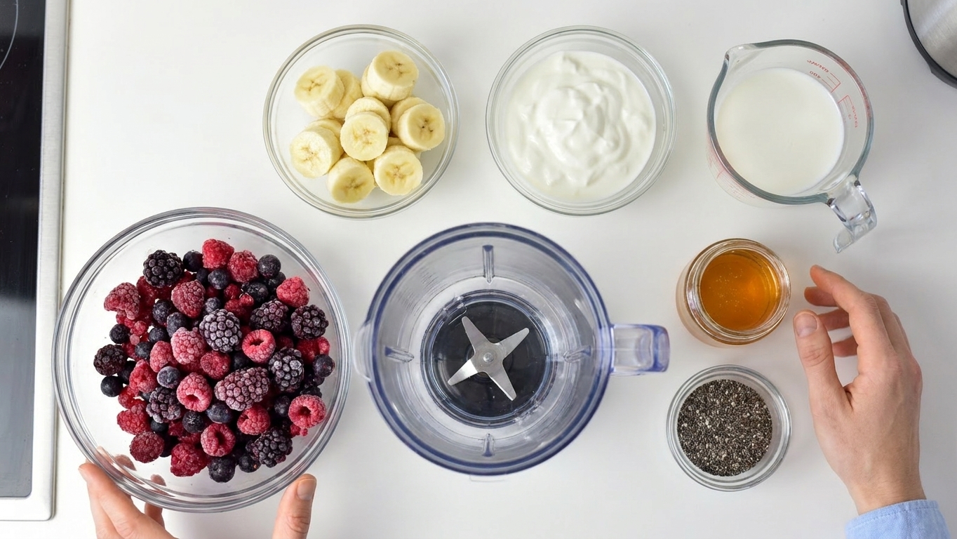 A kitchen counter setup with bowls of frozen mixed fruit, banana slices, Greek yogurt, milk, honey, and a small bowl of chia seeds ready for blending
