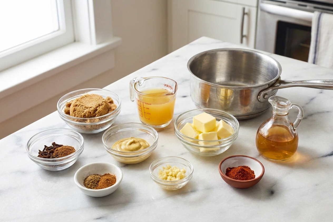 A kitchen counter setup with brown sugar, Dijon mustard, pineapple juice, butter, garlic, cider vinegar, and spices measured in small bowls next to a small saucepan