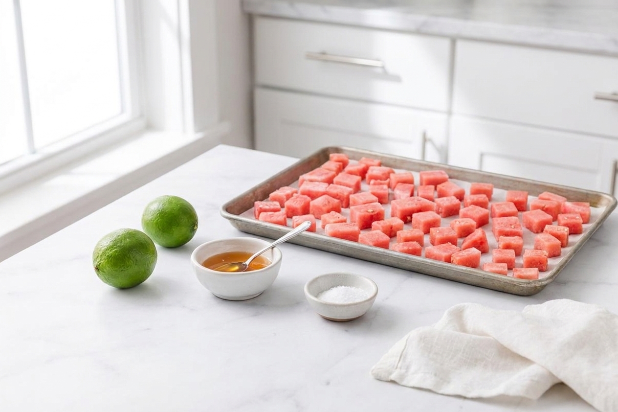 A kitchen counter setup with cubed watermelon, whole limes, a small bowl of honey, and a pinch bowl of fine salt in natural light