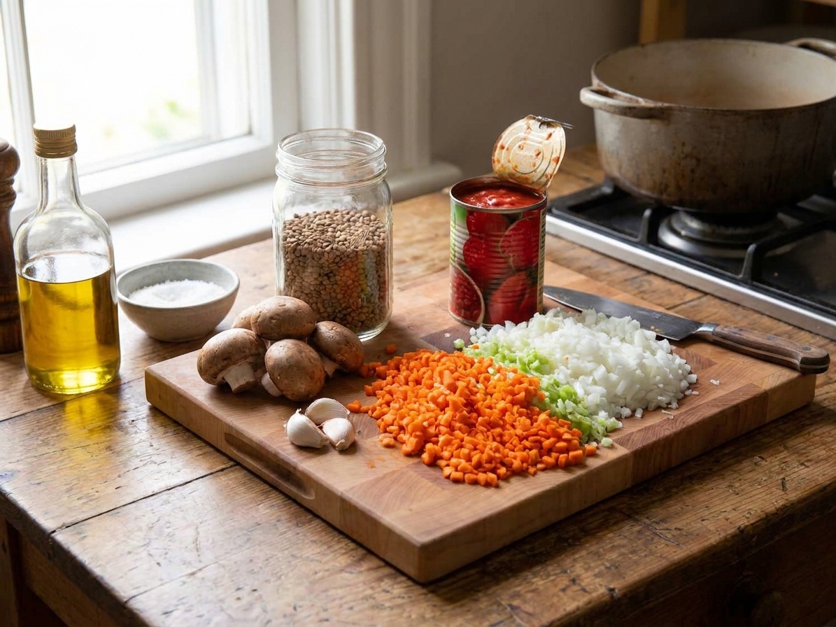 A kitchen counter setup with dry brown lentils, canned crushed tomatoes, cremini mushrooms, onion, garlic, and carrots laid out for cooking