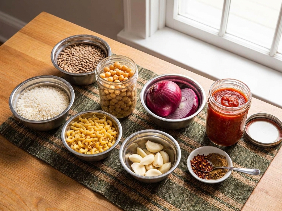 A kitchen counter setup with dry lentils, rice, small pasta, canned chickpeas, onions, garlic, tomato sauce ingredients, and spices arranged in small bowls