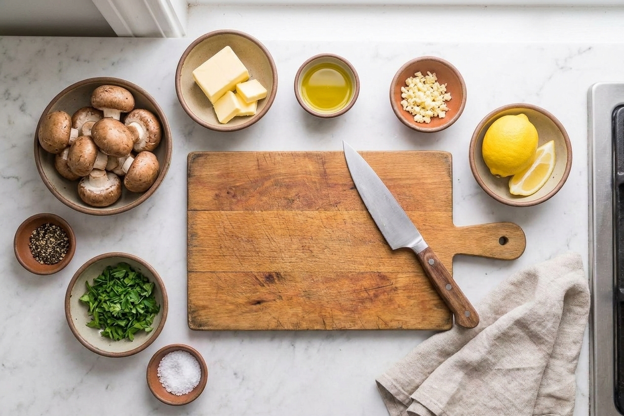 A kitchen counter setup with mushrooms, butter, olive oil, garlic, lemon, parsley, salt, and pepper arranged in small bowls next to a cutting board