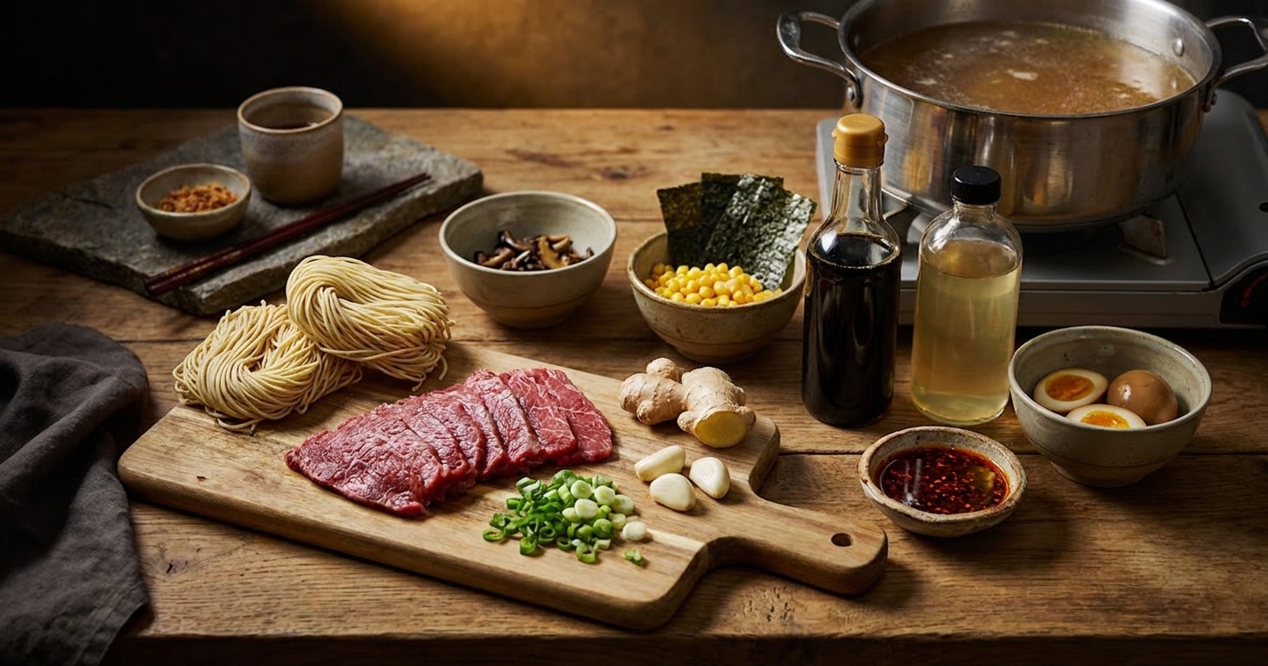 A kitchen counter setup with ramen noodles, sliced beef, scallions, garlic, ginger, soy sauce, broth, and small bowls of toppings ready for cooking