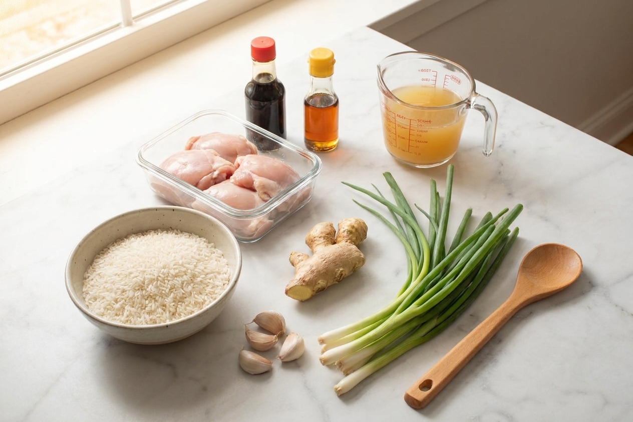 A kitchen counter setup with uncooked jasmine rice in a bowl, chicken thighs, fresh ginger, scallions, garlic, chicken broth, soy sauce, and sesame oil laid out neatly in warm natural light