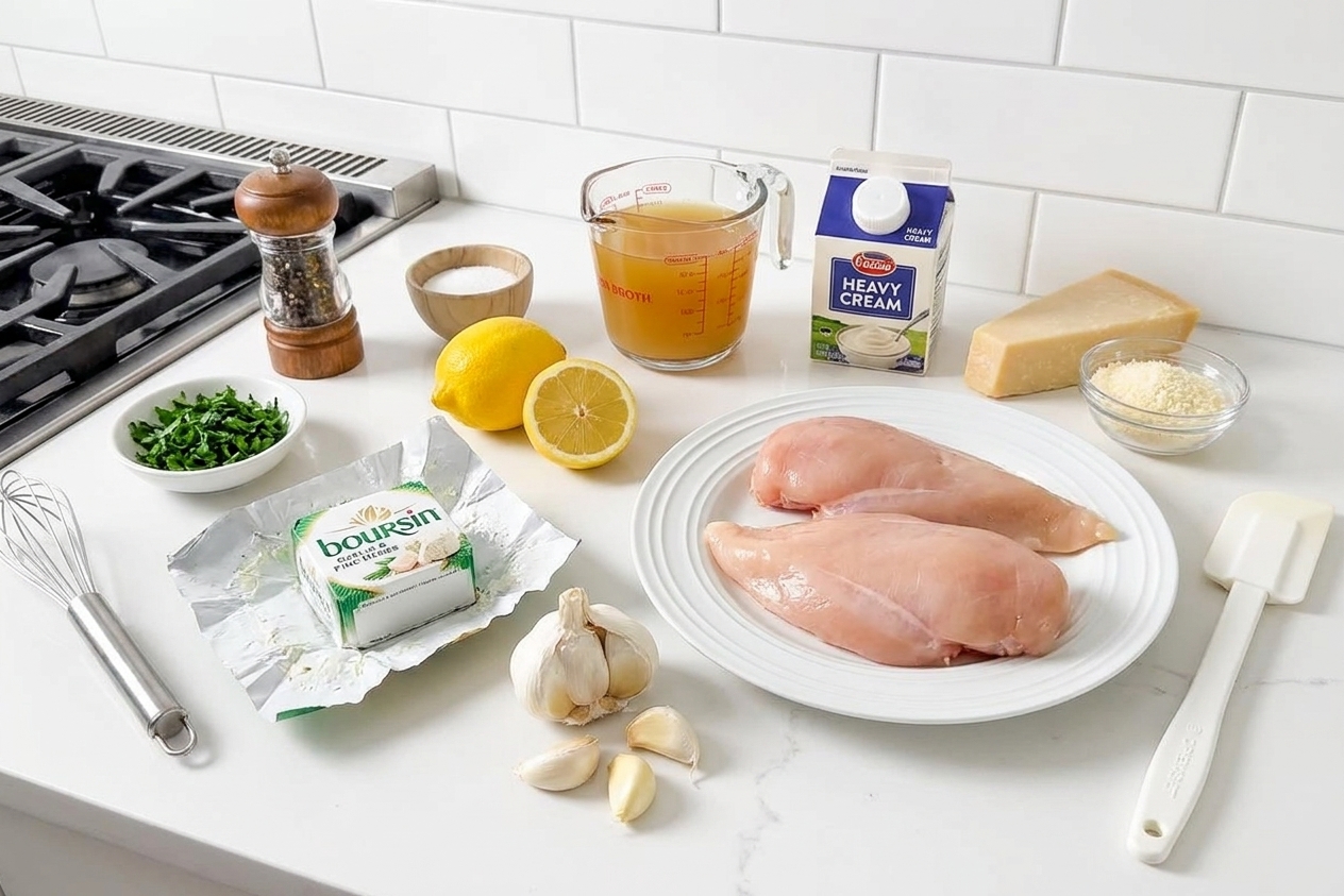 A kitchen counter with Boursin garlic and herb cheese, chicken breasts, garlic, lemon, chicken broth, cream, and Parmesan laid out for cooking