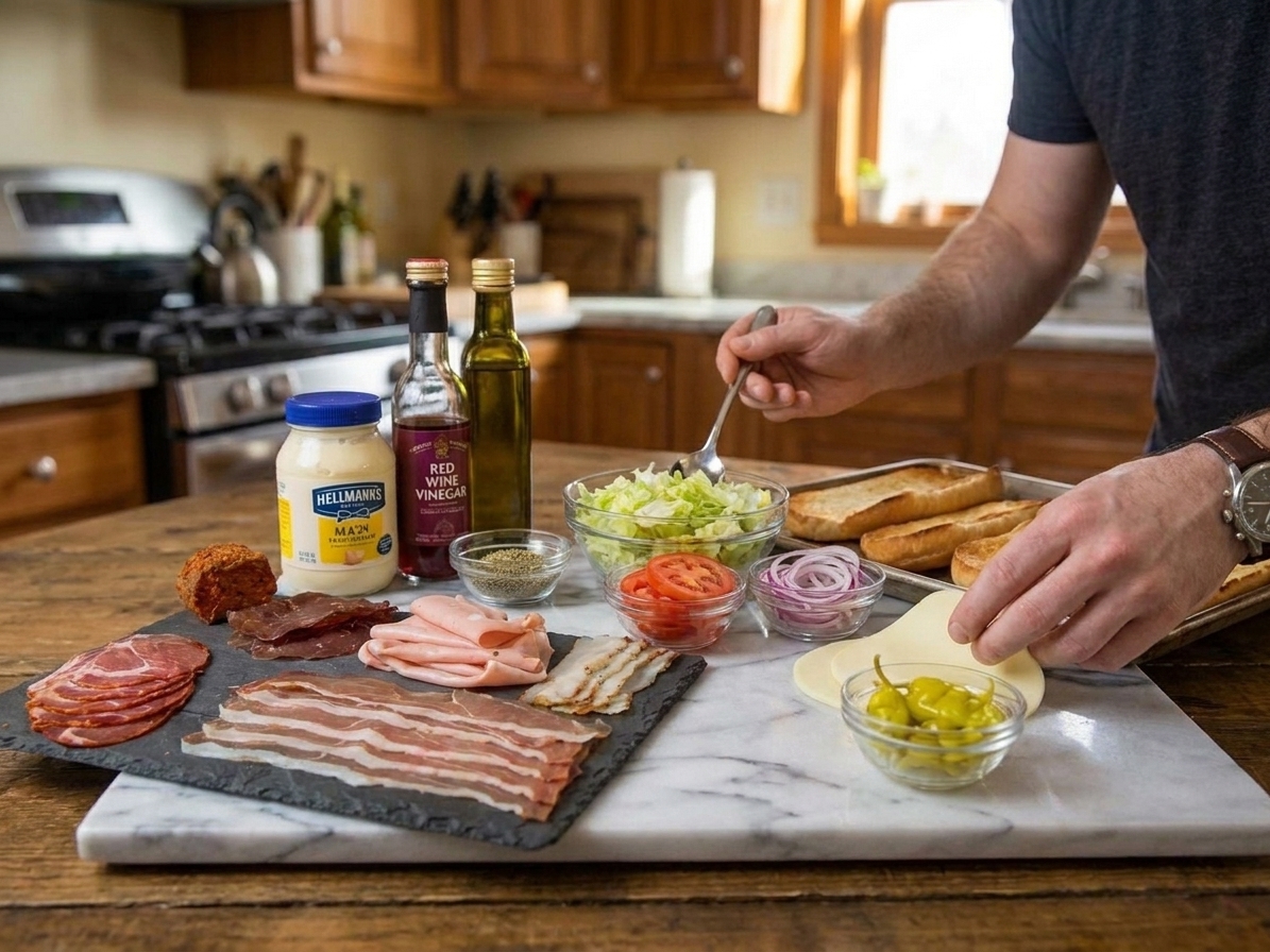 A kitchen counter with Italian deli meats, provolone, shredded lettuce, tomatoes, red onion, pepperoncini, mayonnaise, red wine vinegar, olive oil, oregano, and hoagie rolls laid out for prep
