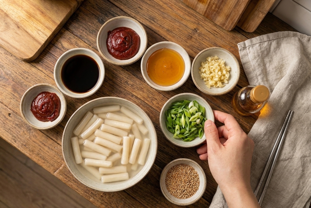 A kitchen counter with Korean rice cakes, gochujang, soy sauce, honey, garlic, scallions, sesame oil, and sesame seeds set out in small bowls