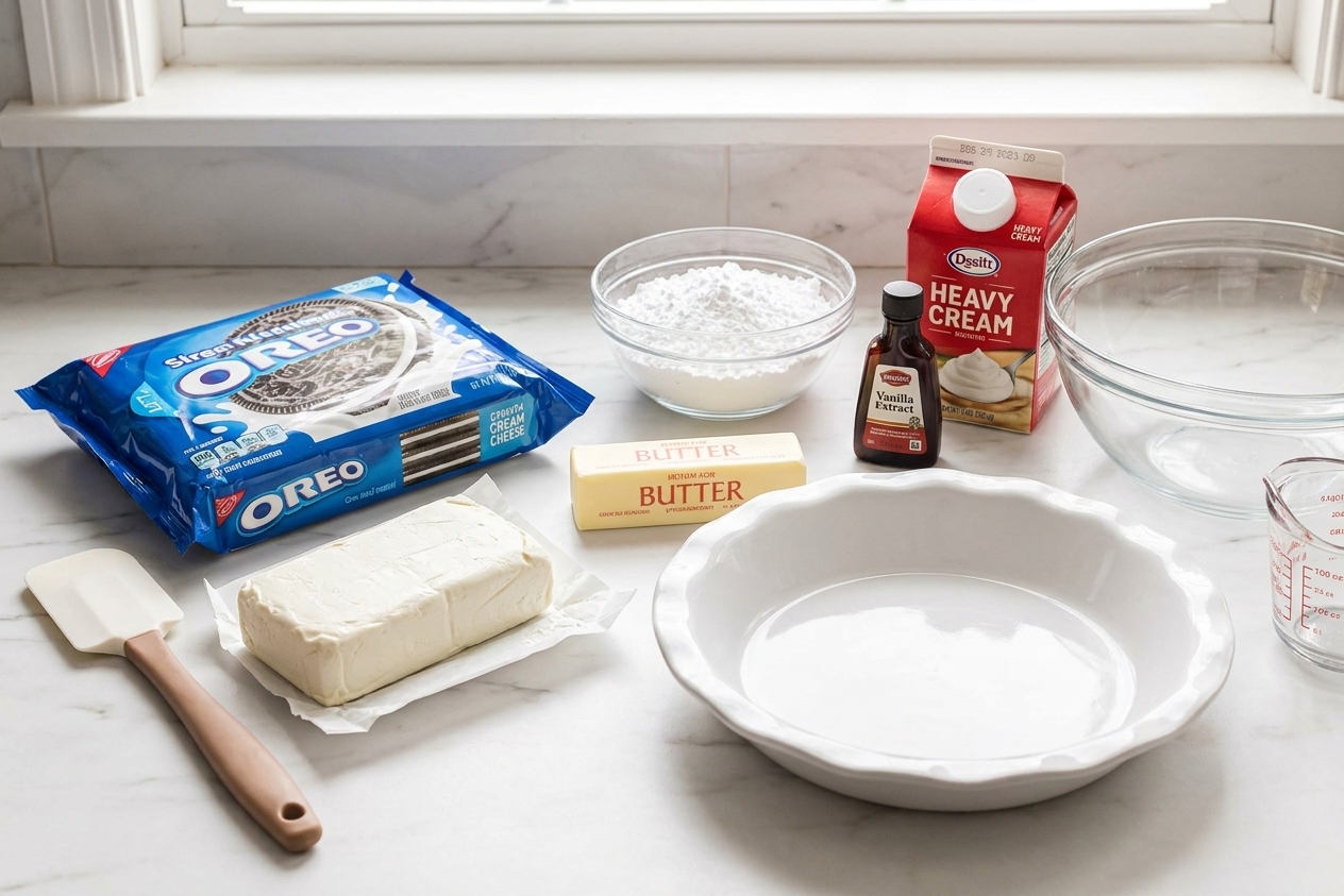 A kitchen counter with Oreo cookies, butter, cream cheese, powdered sugar, vanilla extract, heavy cream, and a pie plate laid out for making Oreo pie
