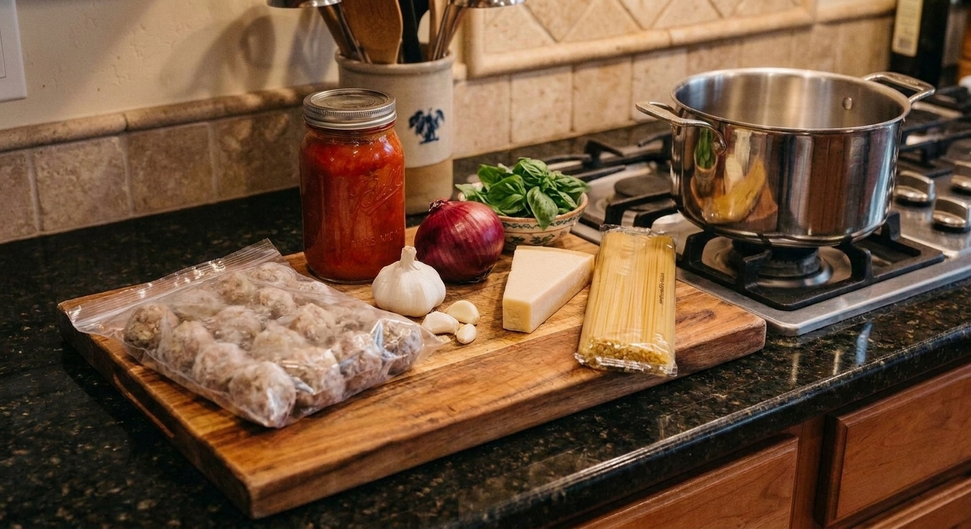 A kitchen counter with a bag of frozen meatballs, a jar of marinara, garlic, onion, Parmesan, basil, and a package of spaghetti laid out for cooking