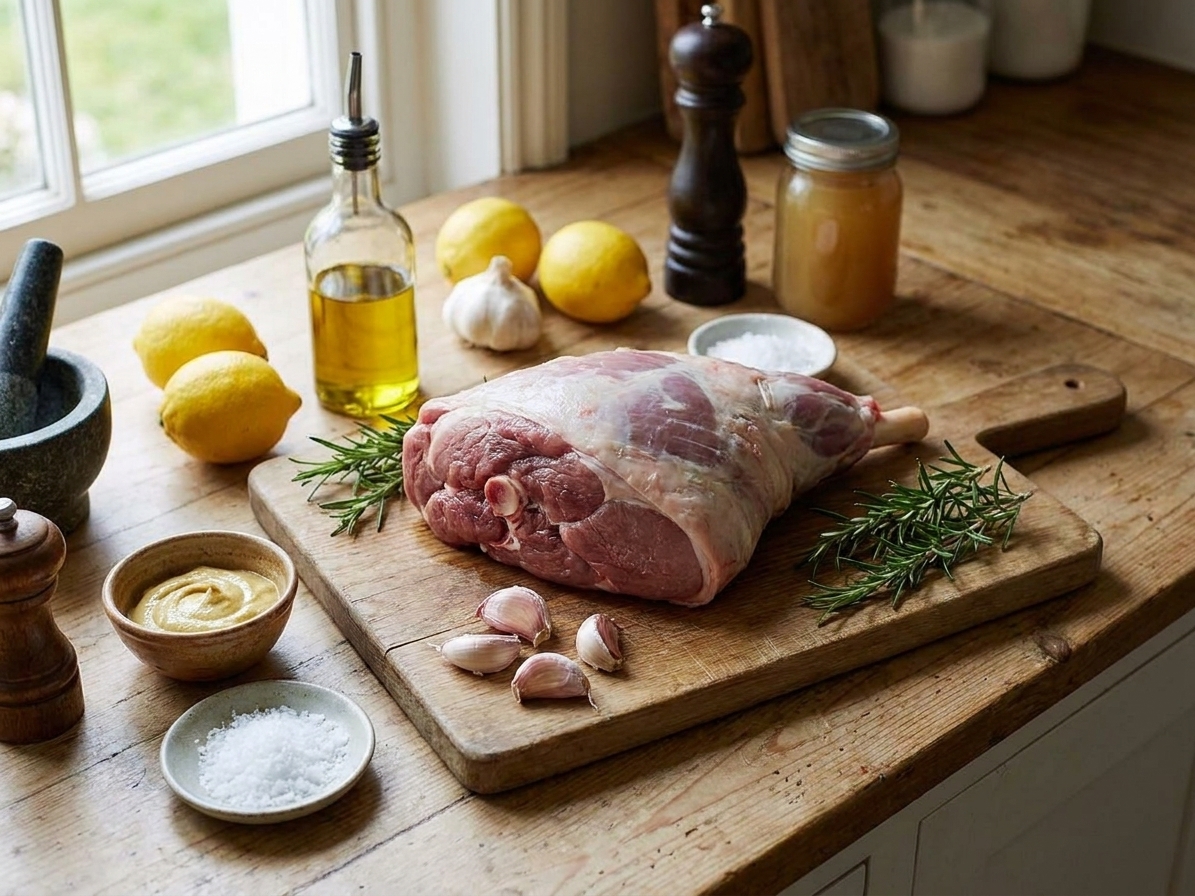 A kitchen counter with a boneless leg of lamb, garlic, fresh rosemary, lemons, Dijon mustard, olive oil, kosher salt, black pepper, and chicken stock arranged for cooking