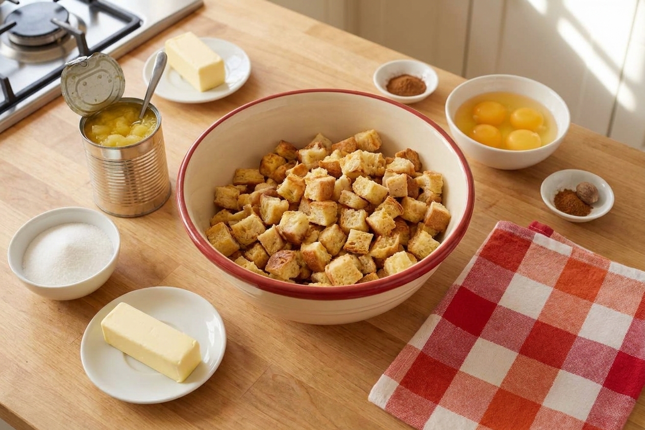 A kitchen counter with a bowl of bread cubes, a can of crushed pineapple, eggs, sugar, butter, and spices laid out for pineapple stuffing prep