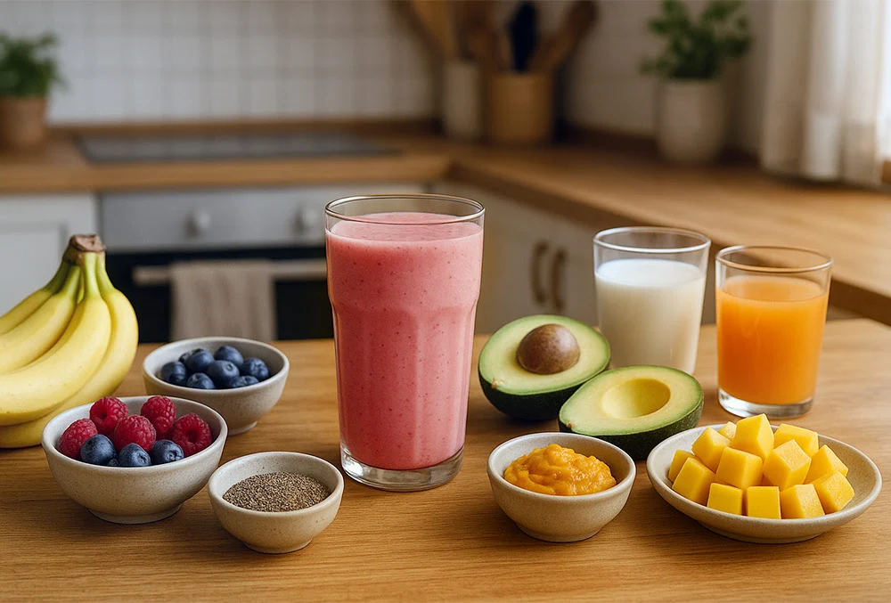 A kitchen counter with a bowl of frozen mango chunks, a peeled banana, a small cup of yogurt, a glass of orange juice, and a cut lime ready for blending