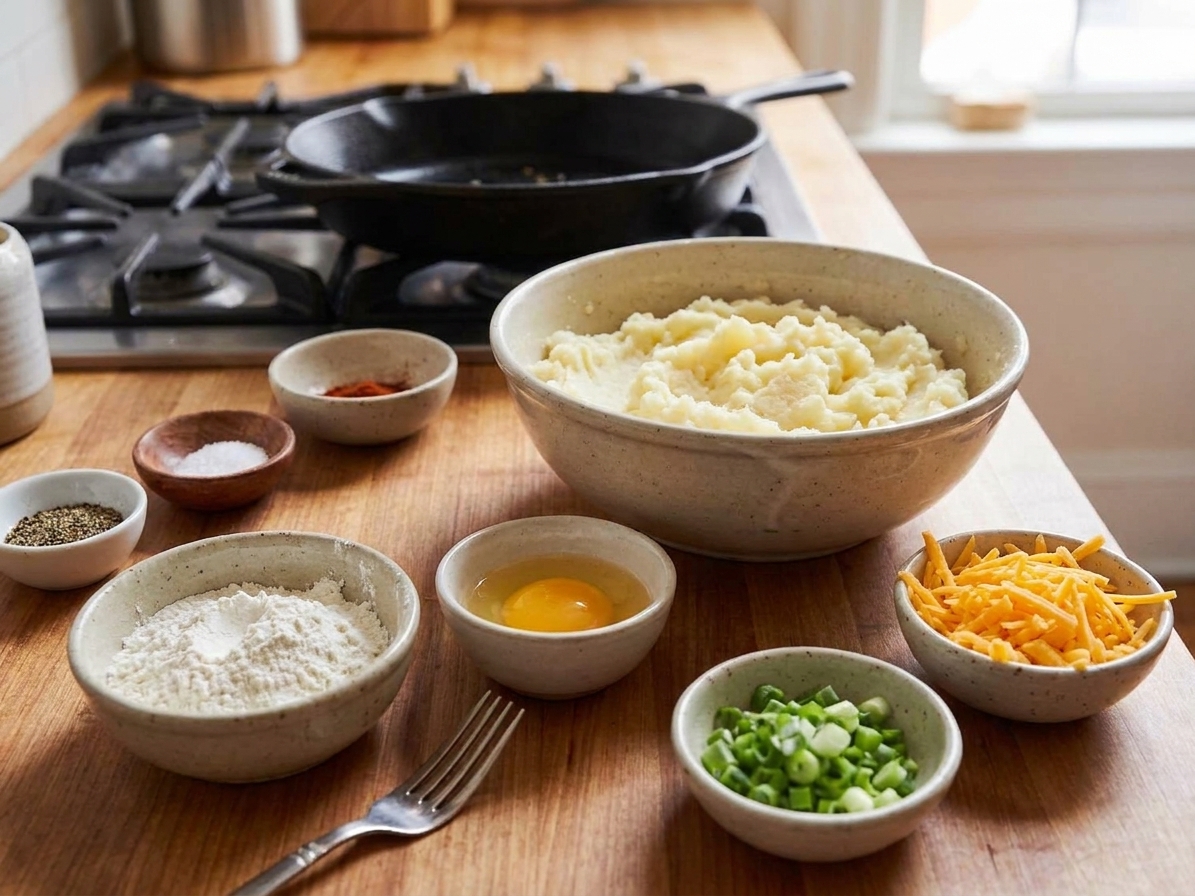 A kitchen counter with a bowl of mashed potatoes, a small bowl of flour, an egg, shredded cheddar, green onions, and seasonings laid out for potato cakes