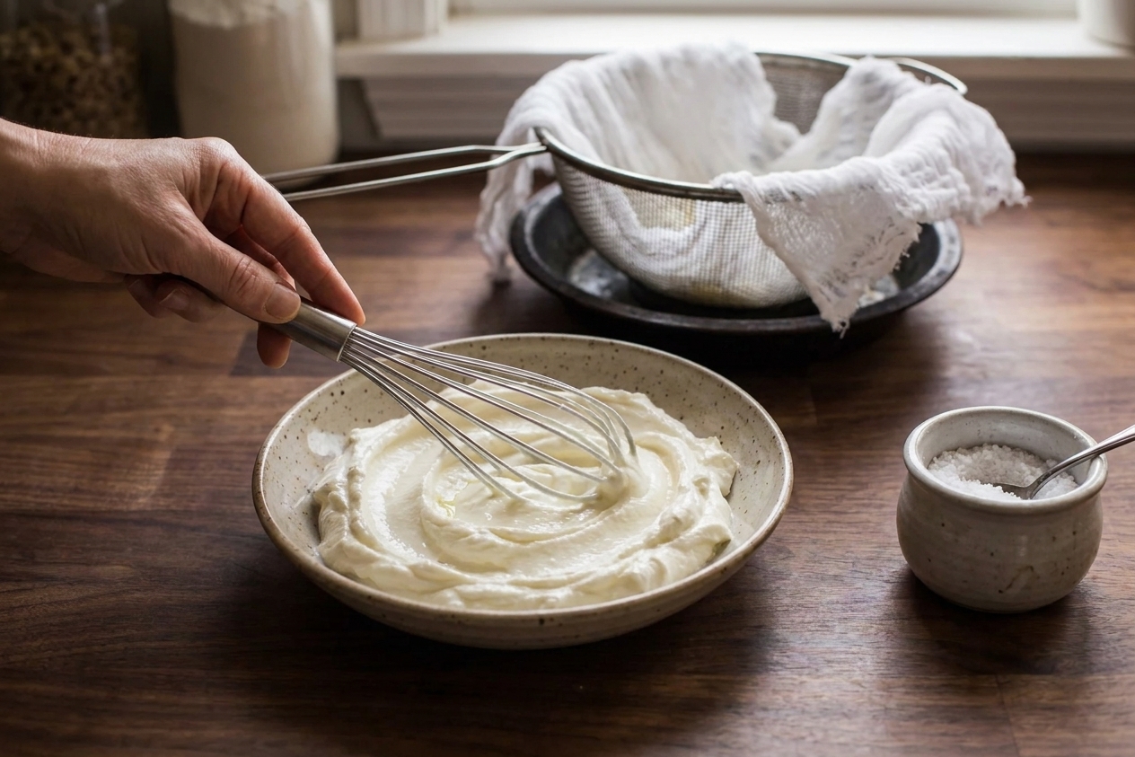 A kitchen counter with a bowl of plain Greek yogurt, a small dish of kosher salt, a whisk, and a fine mesh strainer setup nearby