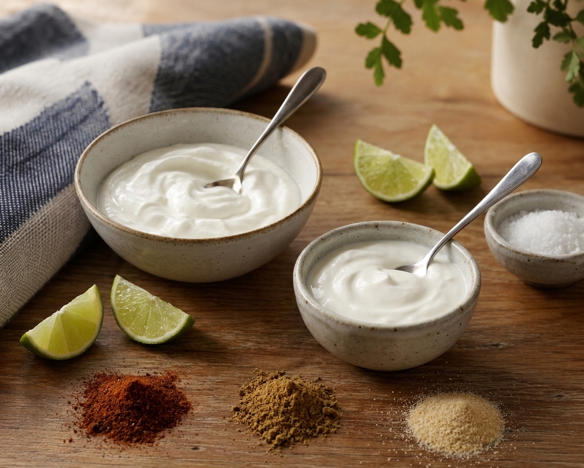A kitchen counter with a bowl of plain Greek yogurt, a bowl of sour cream, lime wedges, chili powder, cumin, garlic powder, and a small bowl of salt laid out for a simple sauce