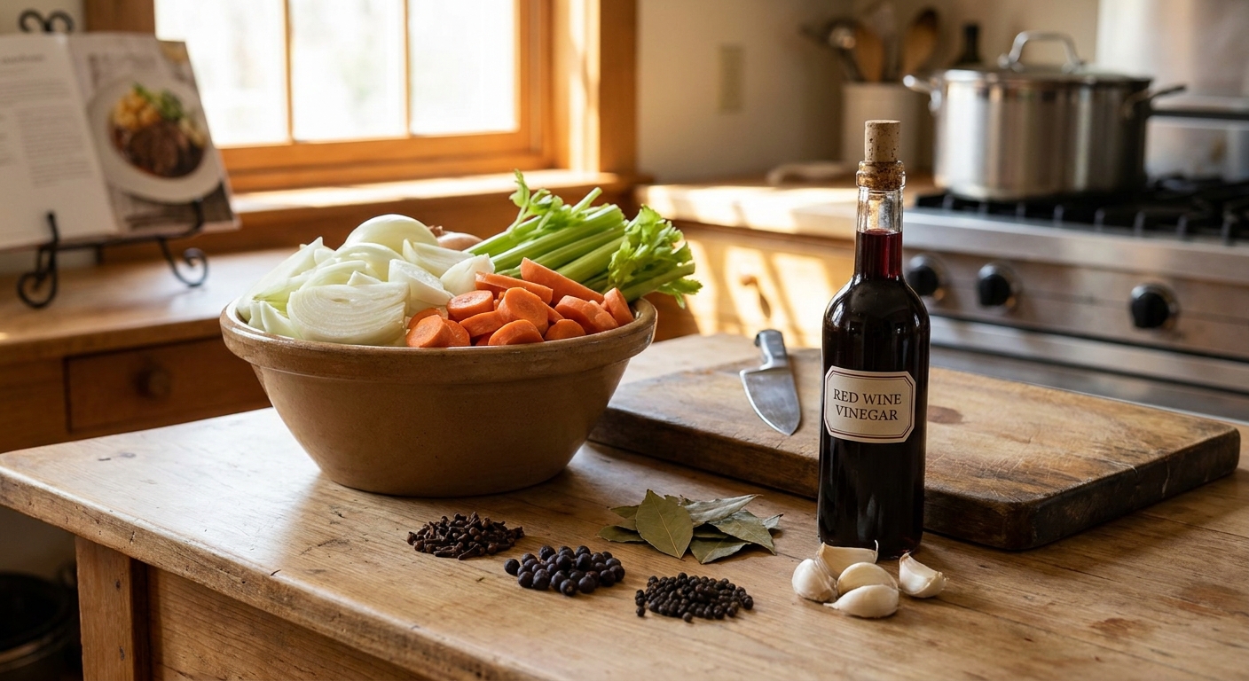 A kitchen counter with a bowl of sliced onions, carrots, celery, garlic, whole spices, and a bottle of vinegar laid out for sauerbraten marinade prep in warm natural light