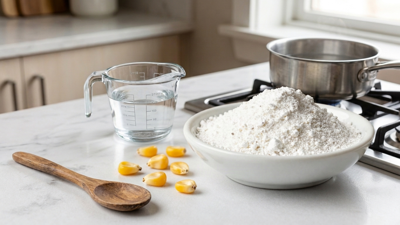 A kitchen counter with a bowl of white maize flour, a measuring cup, a wooden spoon, and a pot of water ready for cooking ugali